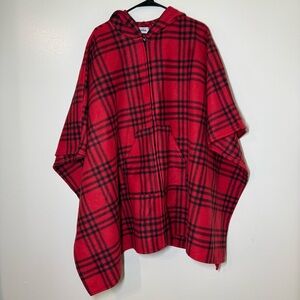 Le Moda Red Plaid Fleece Hooded Poncho